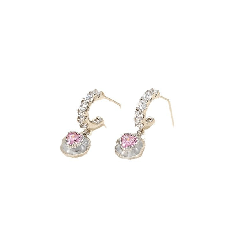 Wholesale  inlaid zircon pink love sweet heart earrings
