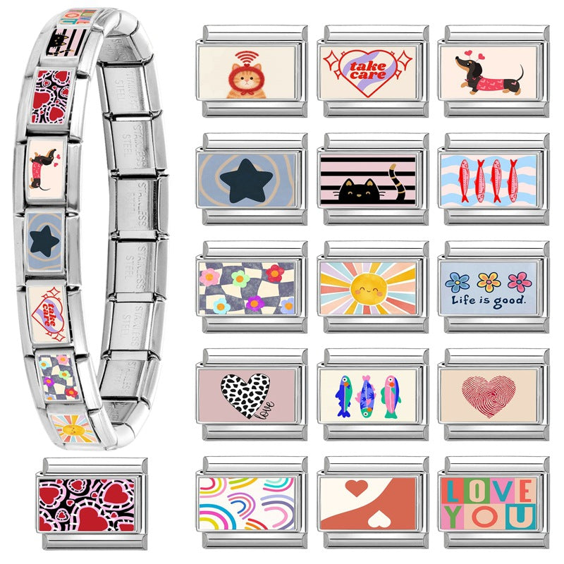 Wholesale Hearts and Love Italian Charms DIY flower fish Single Section Creative Stainless Steel Composable Bracelet