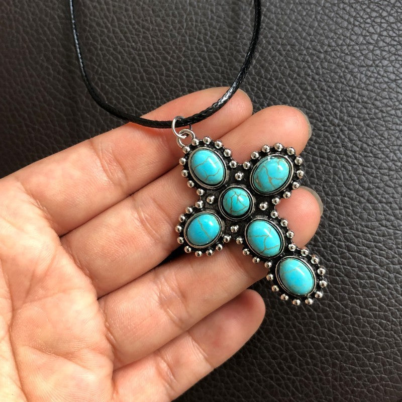Wholesale Vintage Cross Turquoise Pendant Necklace
