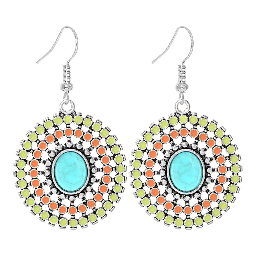 Wholesale Turquoise Geometric Tassel Earrings Antique Silver Retro Fashion Accessory for Everyday Wear or Gift