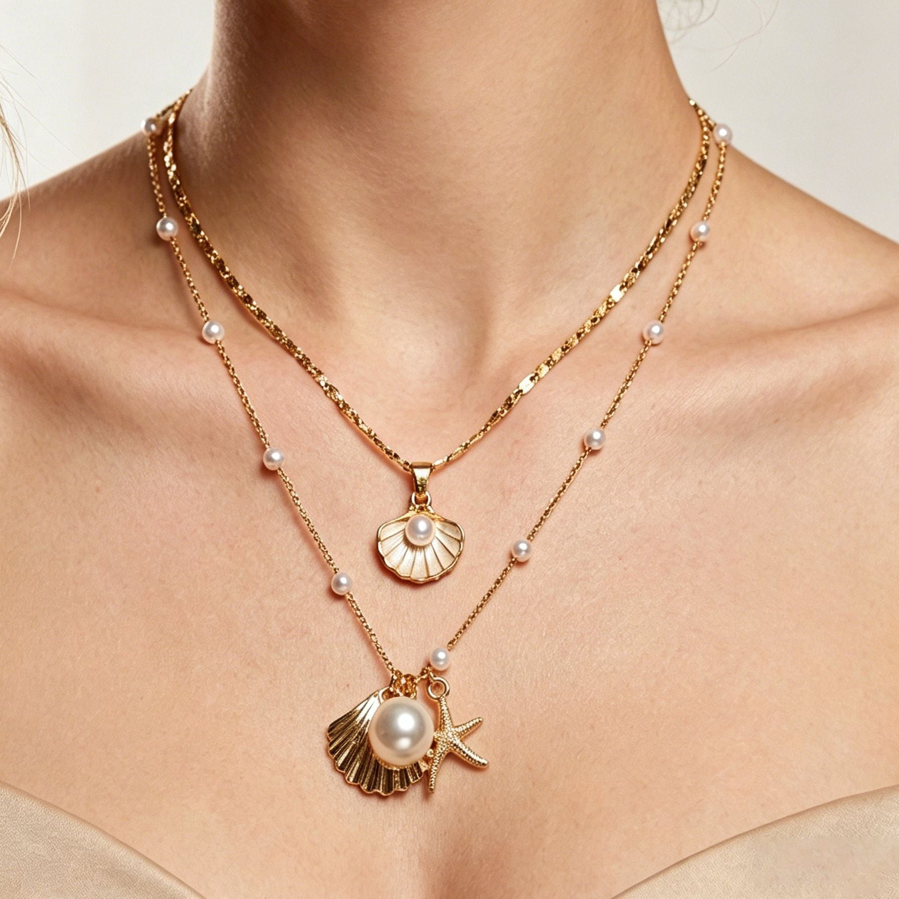 Wholesale Stylish Layered Starfish Shell Pearl Pendant Necklace Ocean Charm Jewelry For Women Boutique Resale Gift