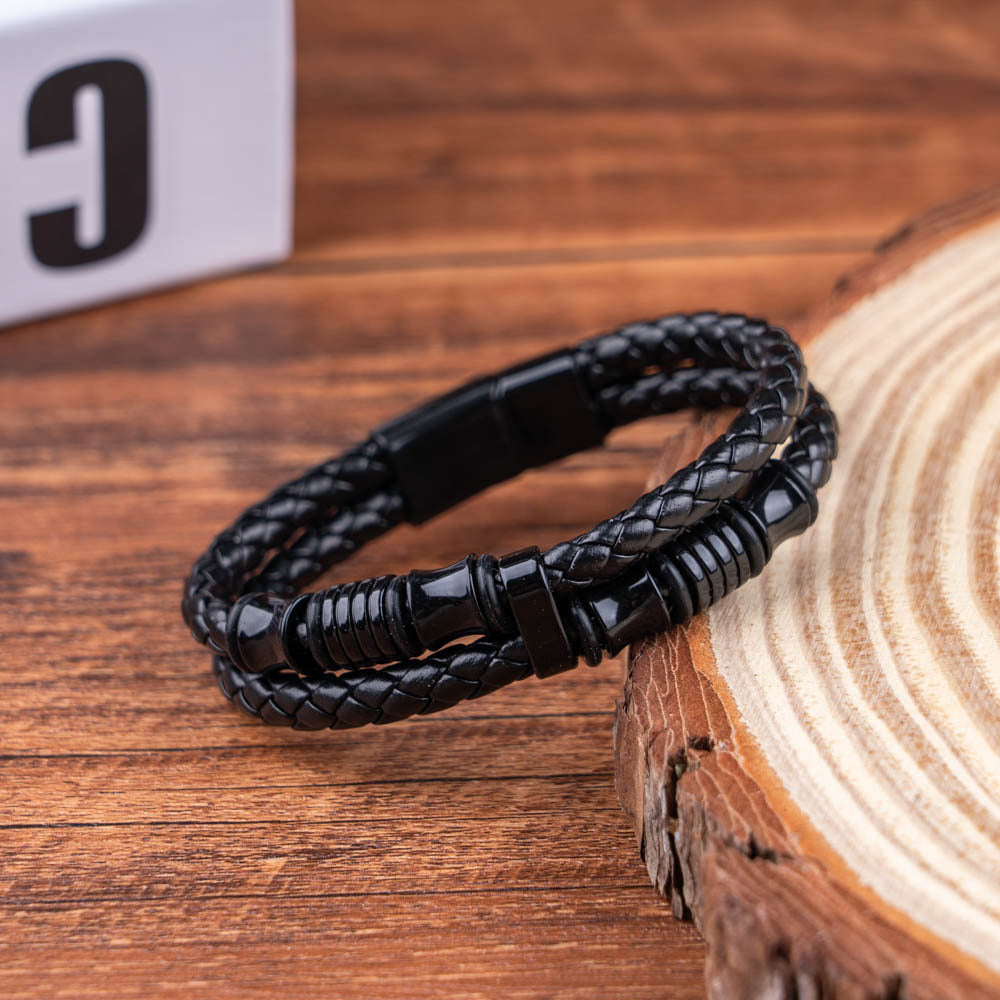 Wholesale Black Leather Rope Men's Double-layer Braided Leather Bracelet