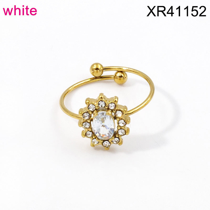 Wholesale Adjustable Flower Design Stainless Steel Open Ring with Colored Gemstones Fashion Jewelry Accessory