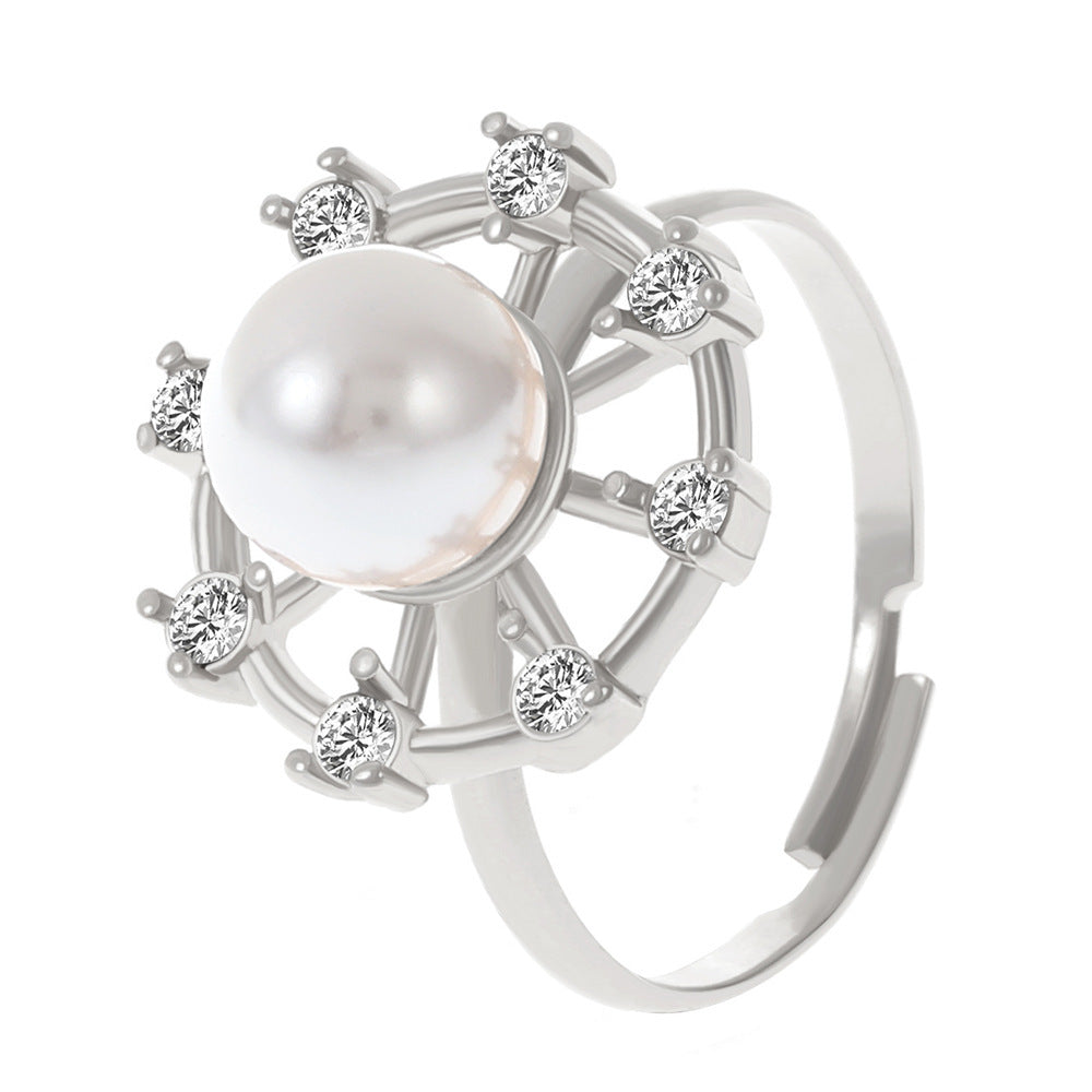 Wholesale  Pearl Ring diamond-embedded hollow flower index finger ring