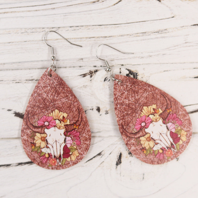 Wholesale Western Style Old Style Cow Head Flowers  Leather Earrings