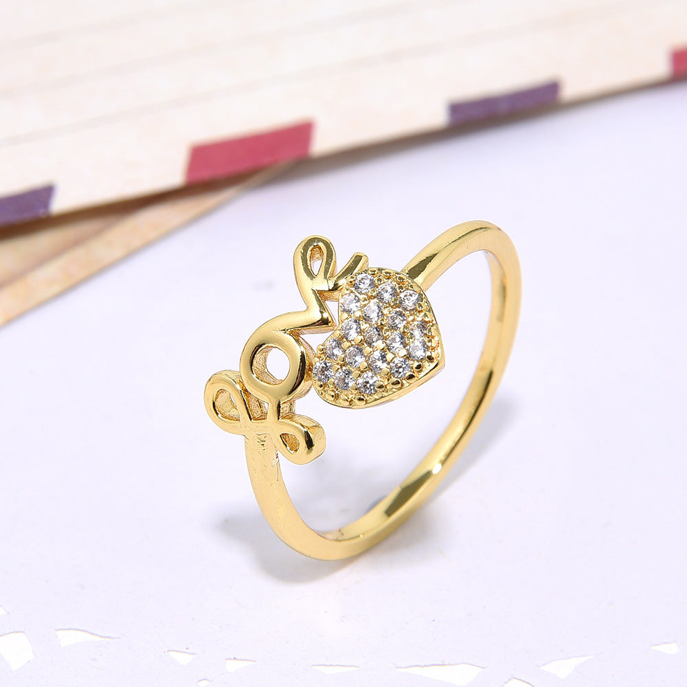 Wholesale Copper inlaid zircon heart cat fishbone women' s ring