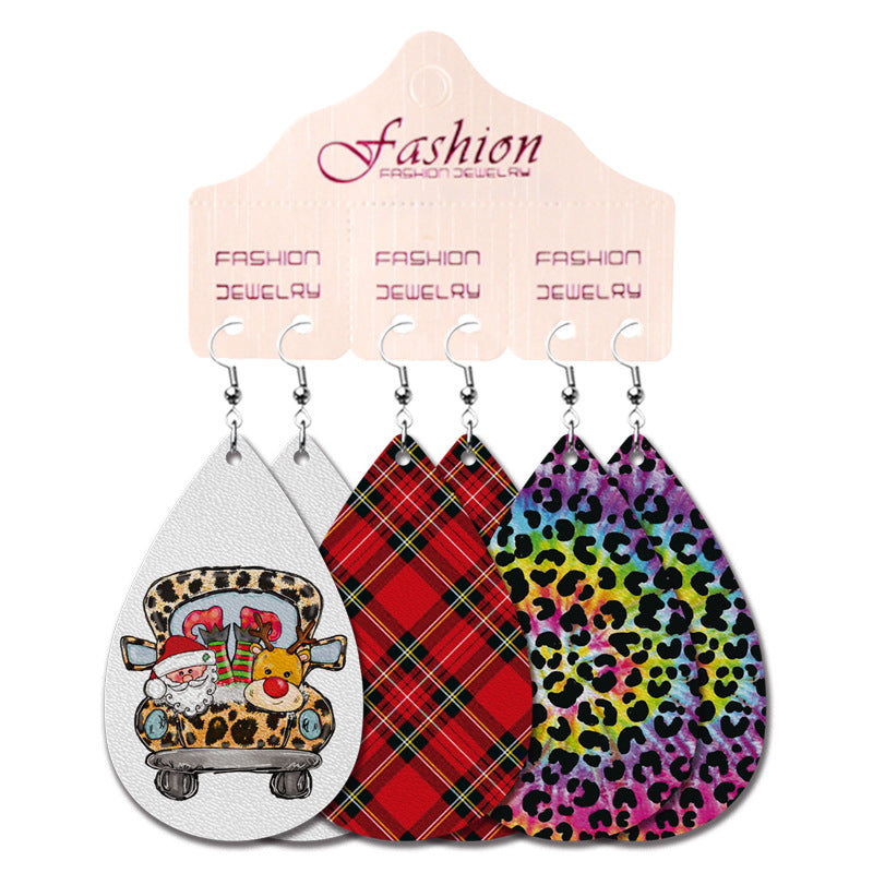 Wholesale 2 Sets Christmas Earrings Set Cow Pattern Plaid Elk Western Cowboy Water Drop PU Leather Earrings Set ACC-ES-HY129