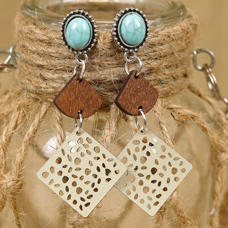 Wholesale Western Distressed Bohemian Geometric Stitching Turquoise Earrings