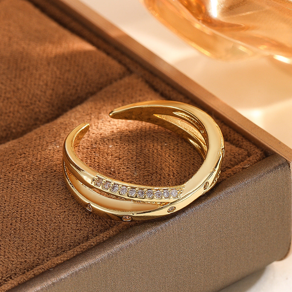 Wholesale Gold Tone Copper Zircon Vintage Open Adjustable Double Layer Ring Stylish Women S Fashion Accessory