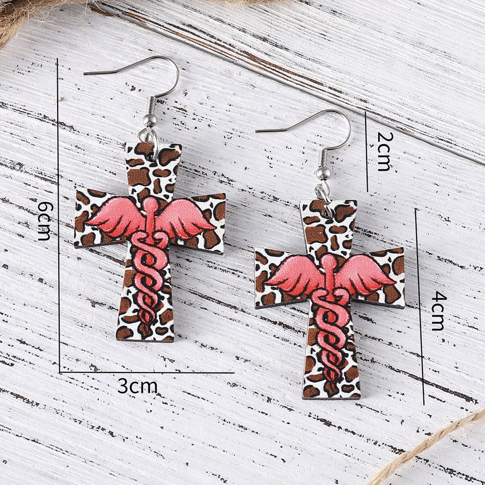 Wholesale Nurses'  Day Cross,  Leopard Print,  and Angel Pendant Earrings — Double-Sided Wooden Earrings