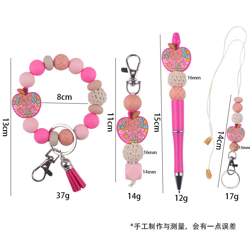 Wholesale Cartoon Apple Silicone Beads Accessories Pendant Creative DIY Silicone Four-Piece Combination Wrist Keychain Jewelry