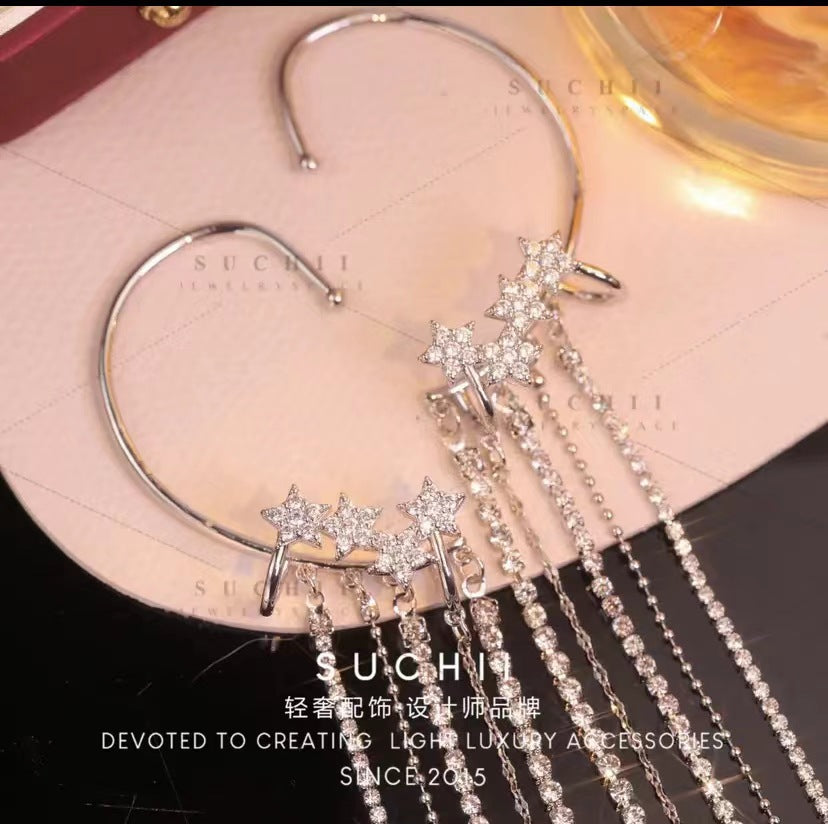 Wholesale star tears tassel ear clip zircon earrings