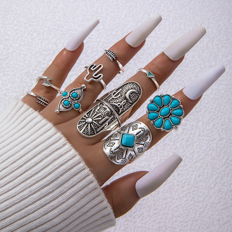 Wholesale Retro Ethnic Style Turquoise Carved Feather Ring Vintage ACC-RS-YongGe005
