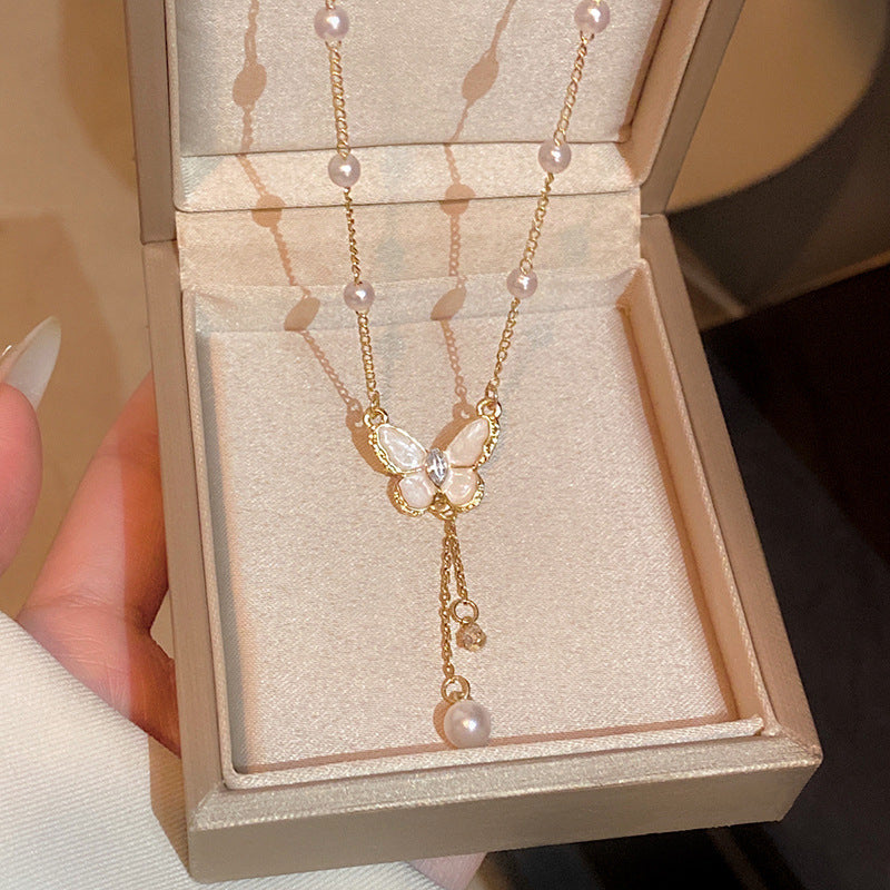 Wholesale Titanium Steel Collarbone Necklace with Zircon and Pearl Pendant