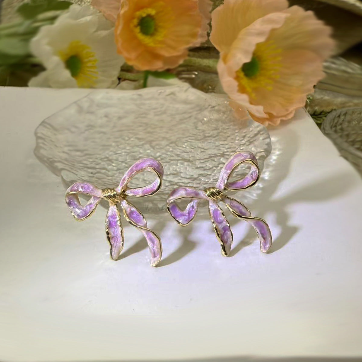 Wholesale elegant enamel colored brushed bow earrings