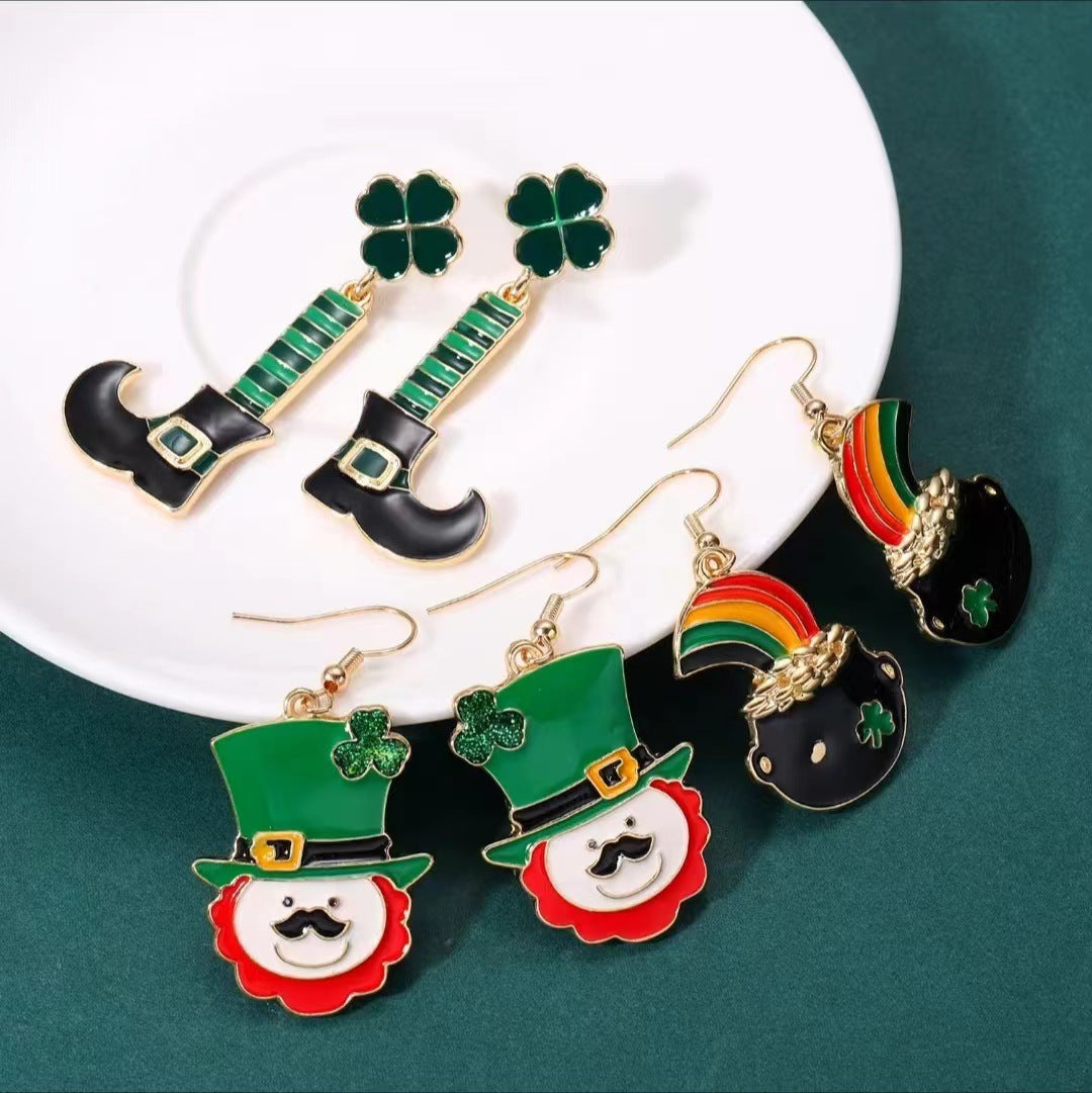 Wholesale St. Patrick's Day Set Shamrock Boots Rainbow Gold Elf Hat Pendant Earrings