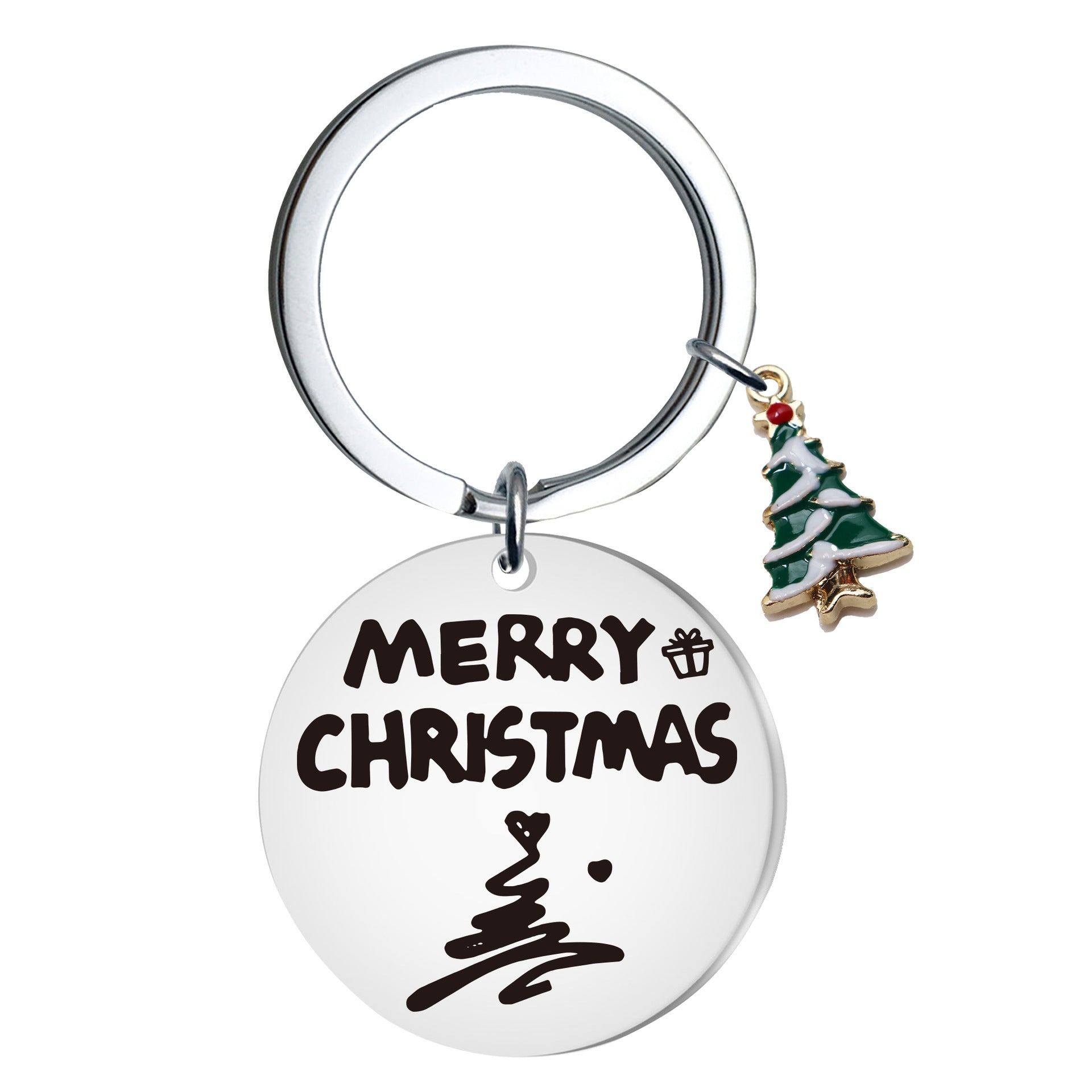 Wholesale Stainless Steel Christmas Tree Keychain Engraved Round Pendant For Car Key And Bag Holiday Gift
