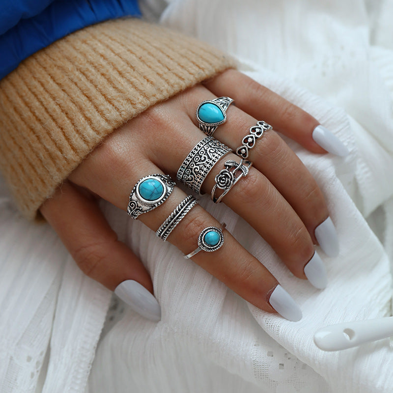 Wholesale Bohemian Turquoise Rose Totem Ring Set 7-Piece Vintage Alloy Jewelry Accessory Gift