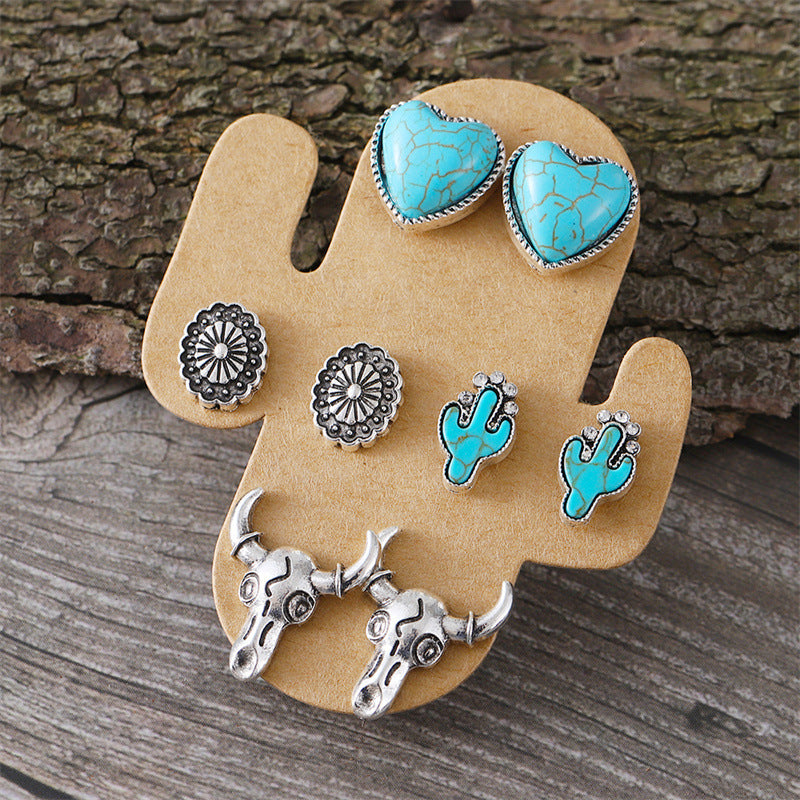 Wholesale 4pcs/set Retro Turquoise Love Cactus Cattle Head Cowboy Boots Earrings