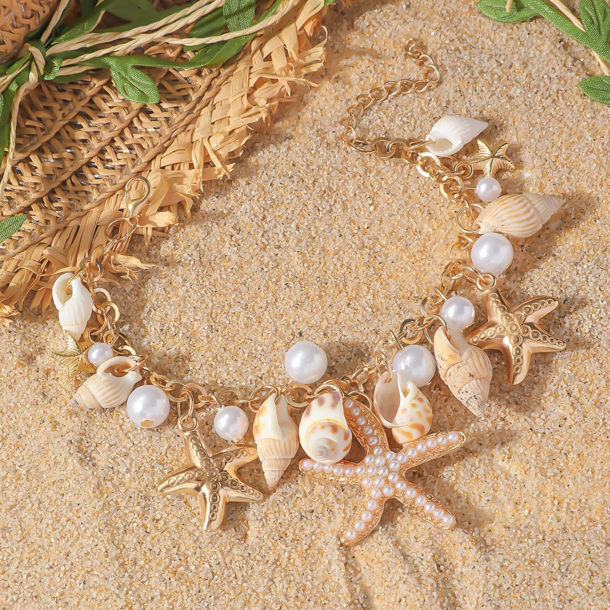 Wholesale Conch Starfish Bohemian Shell Pearl Anklet