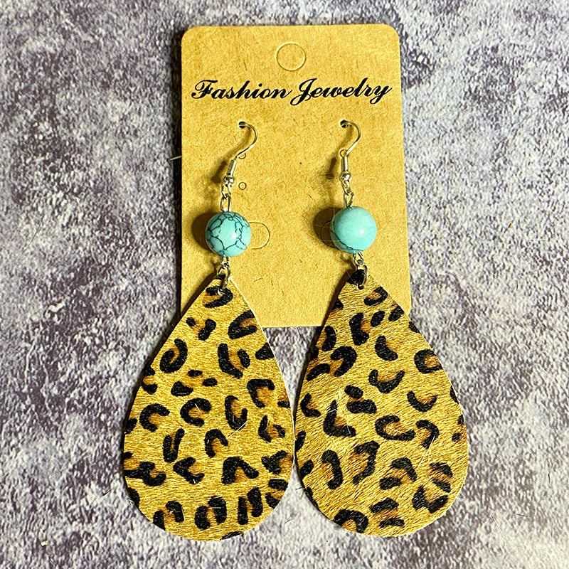 Wholesale Vintage Leather Earrings Western Style Long Teardrop Turquoise Stitching Earrings ACC-ES-XinChuan037