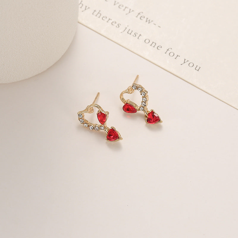 Wholesale Silver Needle Zircon Earrings Small Red Heart Shaped Zircon Earrings