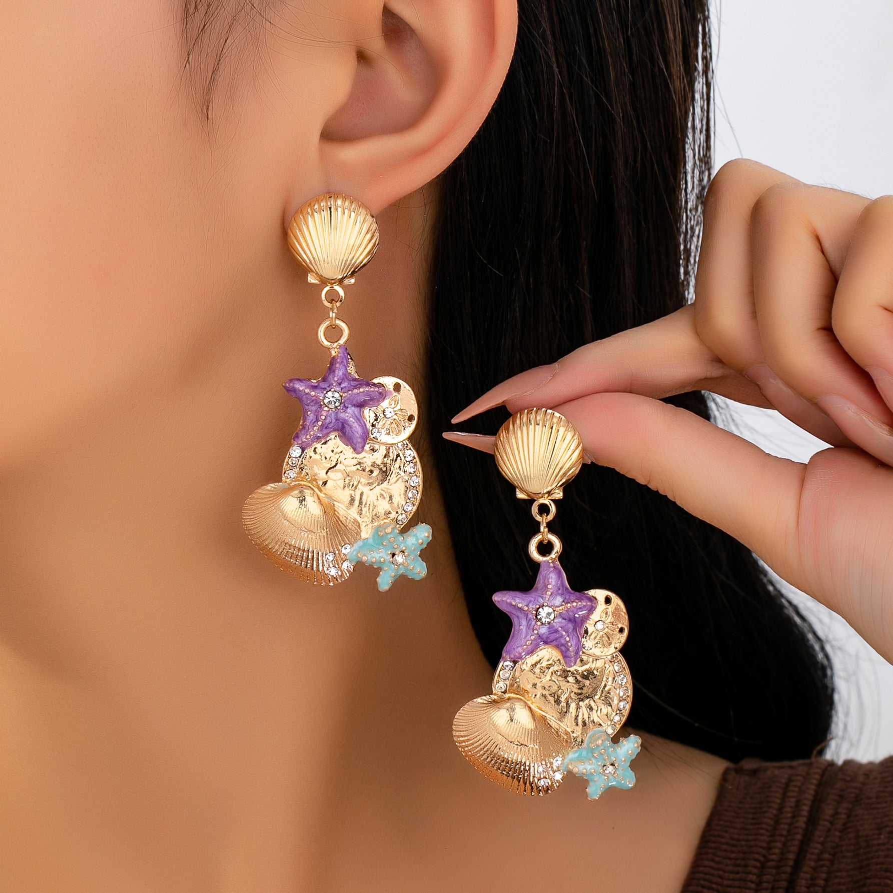 Wholesale Trendy Starfish Shell Earrings For Women Colorful Alloy Jewelry Accessory Summer Beach Vacation Casual Style Gift Resale