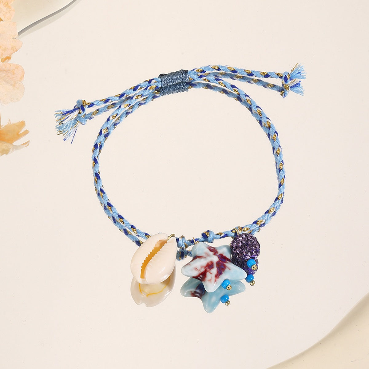 Wholesale Woven bracelet ceramic starfish shell small fish pendant colored rope bracelet