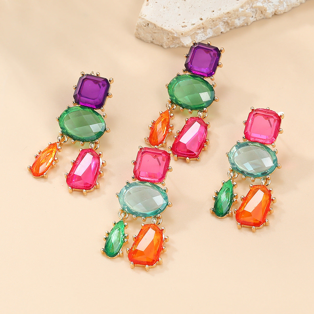 Wholesale colored diamond earrings multi-layer geometric color matching earrings