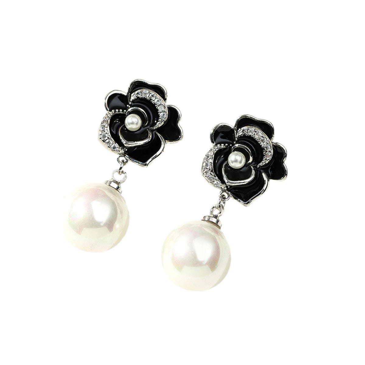Wholesale  black oil drop camellia pearl earrings