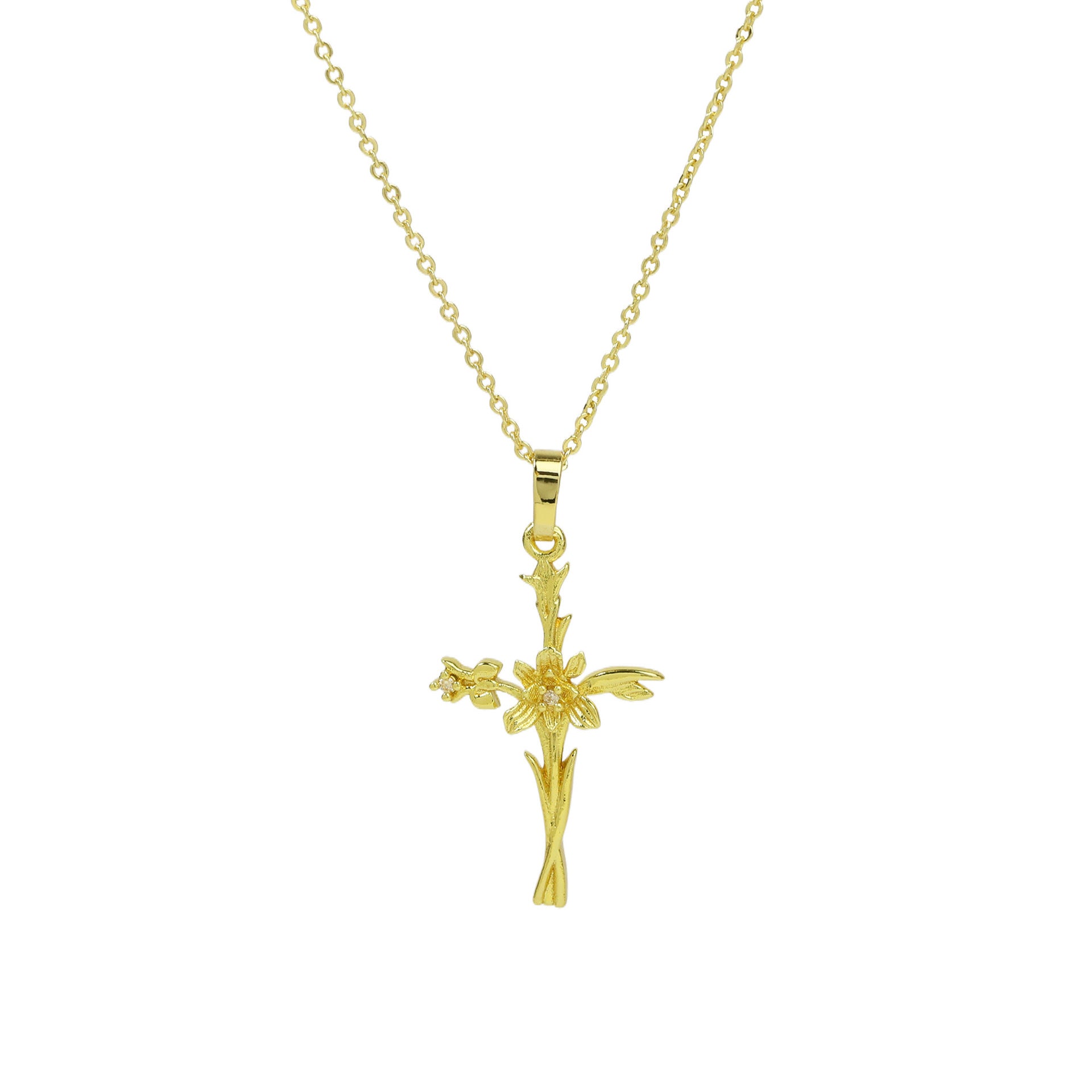 Wholesale  Brass Plated 18k December Flower Cross Pendant Necklace
