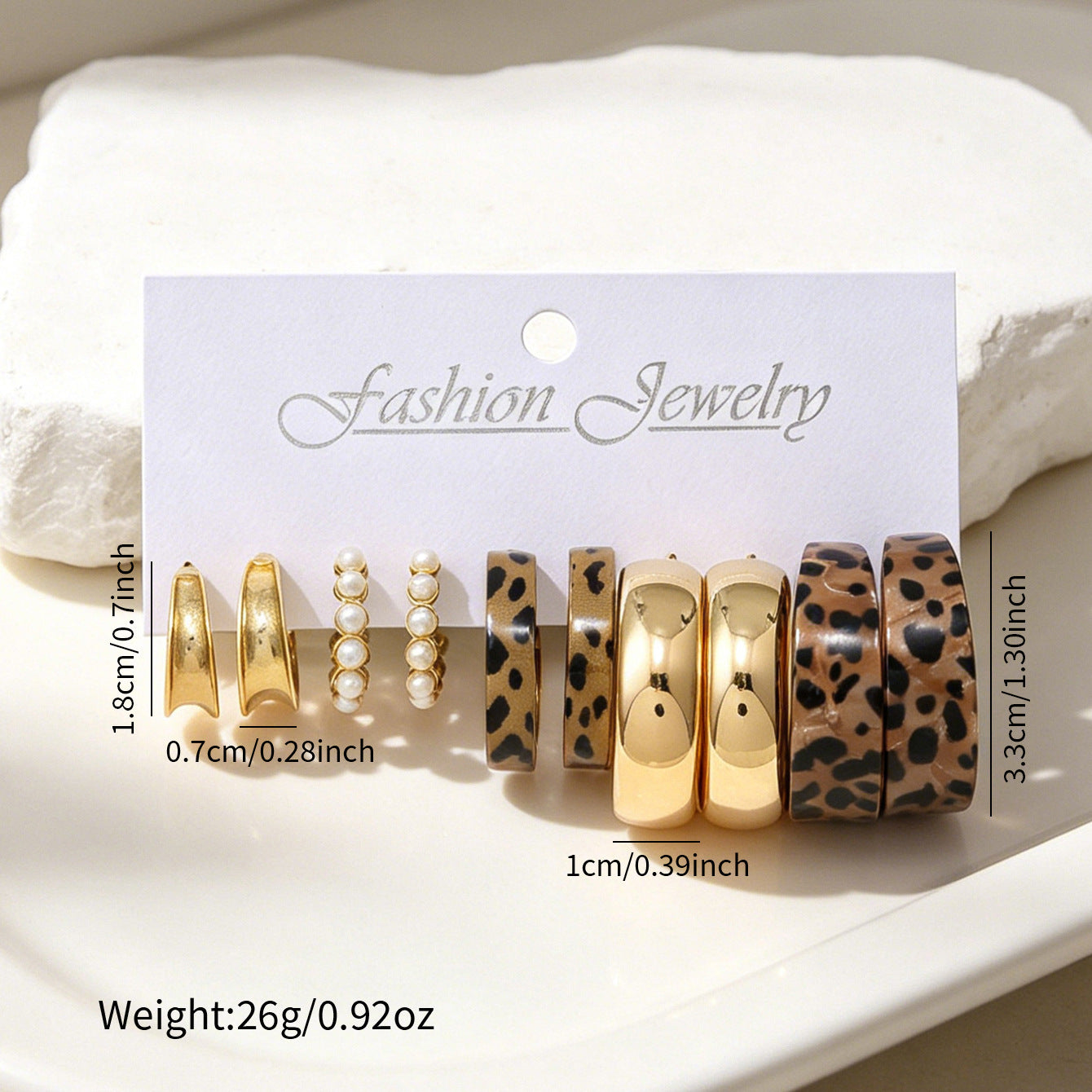 Wholesale Leopard Print Pearl Embellished C Shaped Earrings For Women Gold Tone Alloy 5 Pairs Fashion Jewelry Accessory