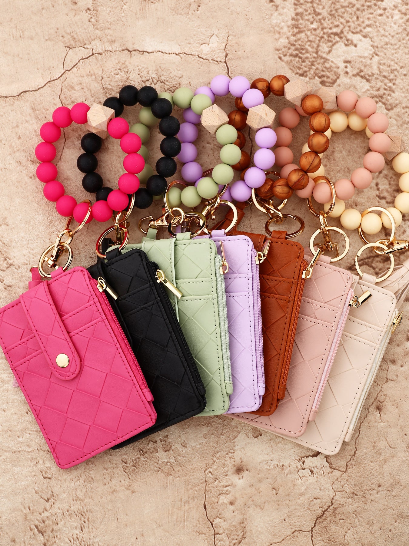 Wholesale Silicone Bead Bracelet Plaid Card Bag PU Leather Wristlet Keychain