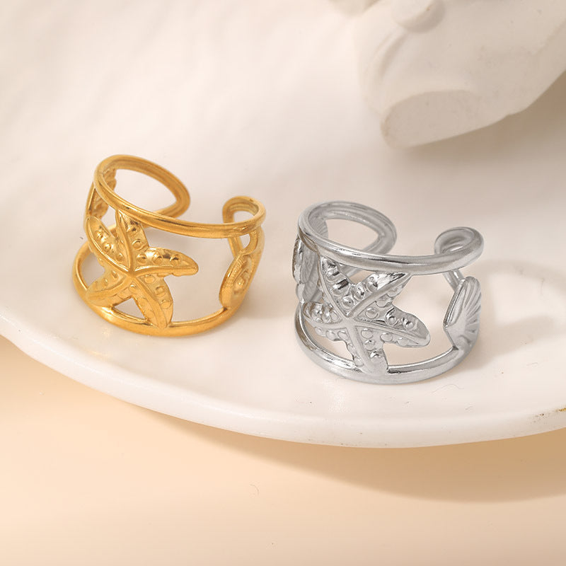 Wholesale Polished Stainless Steel Open Starfish Shell Ring Ocean Style Women S Fashion Jewelry