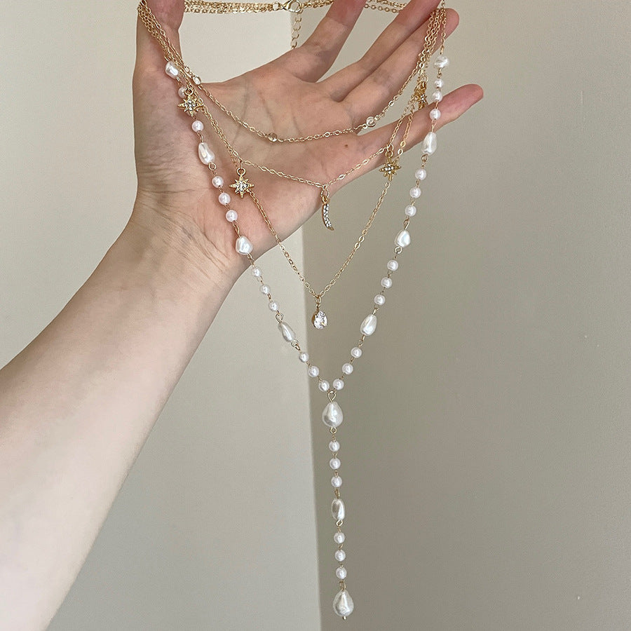 Wholesale Baroque Pearl Star Moon Tassel Necklace Layering Jewelry Chic Fashion Accessory Gift
