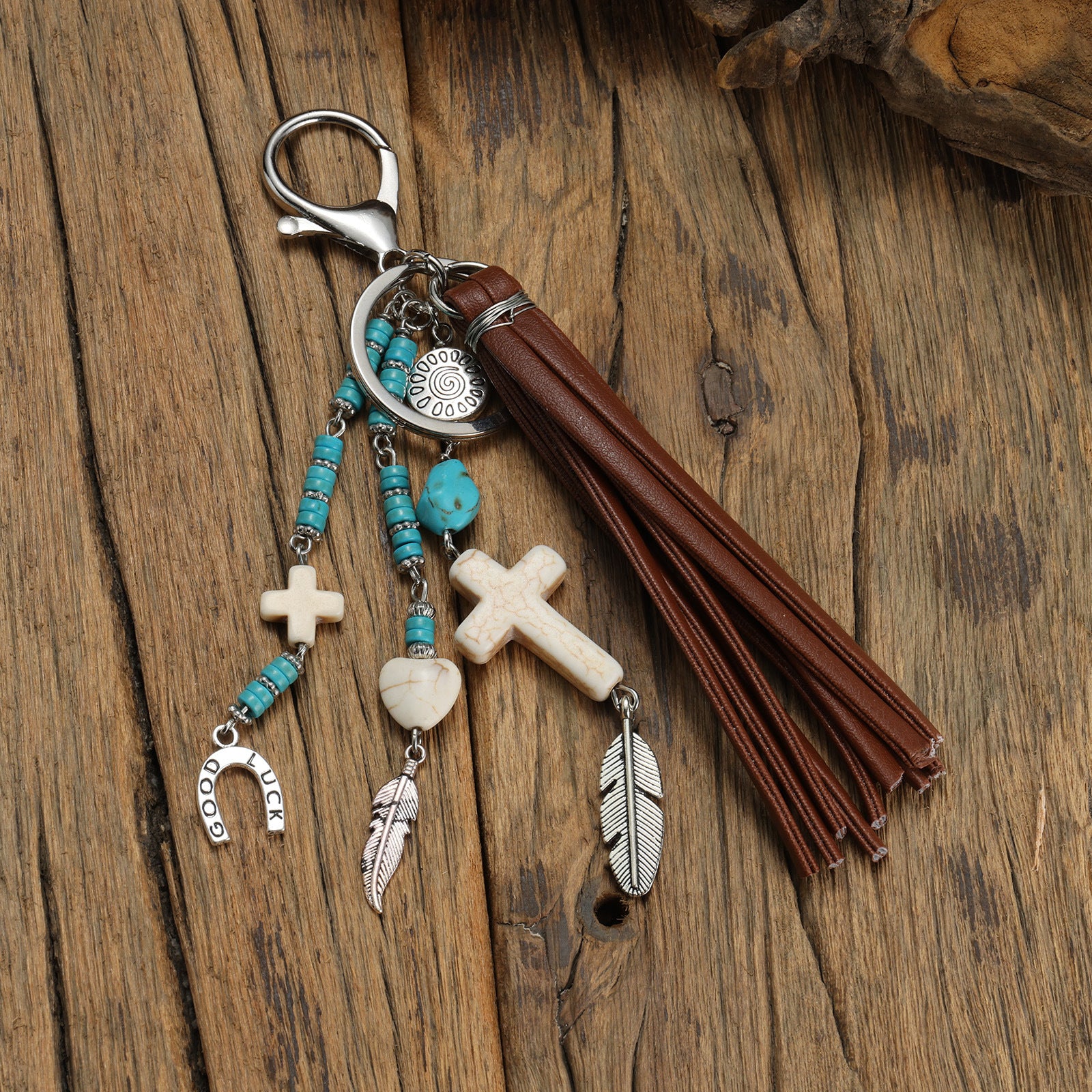 Wholesale Alloy Western-style horseshoe feather turquoise and cross keychain