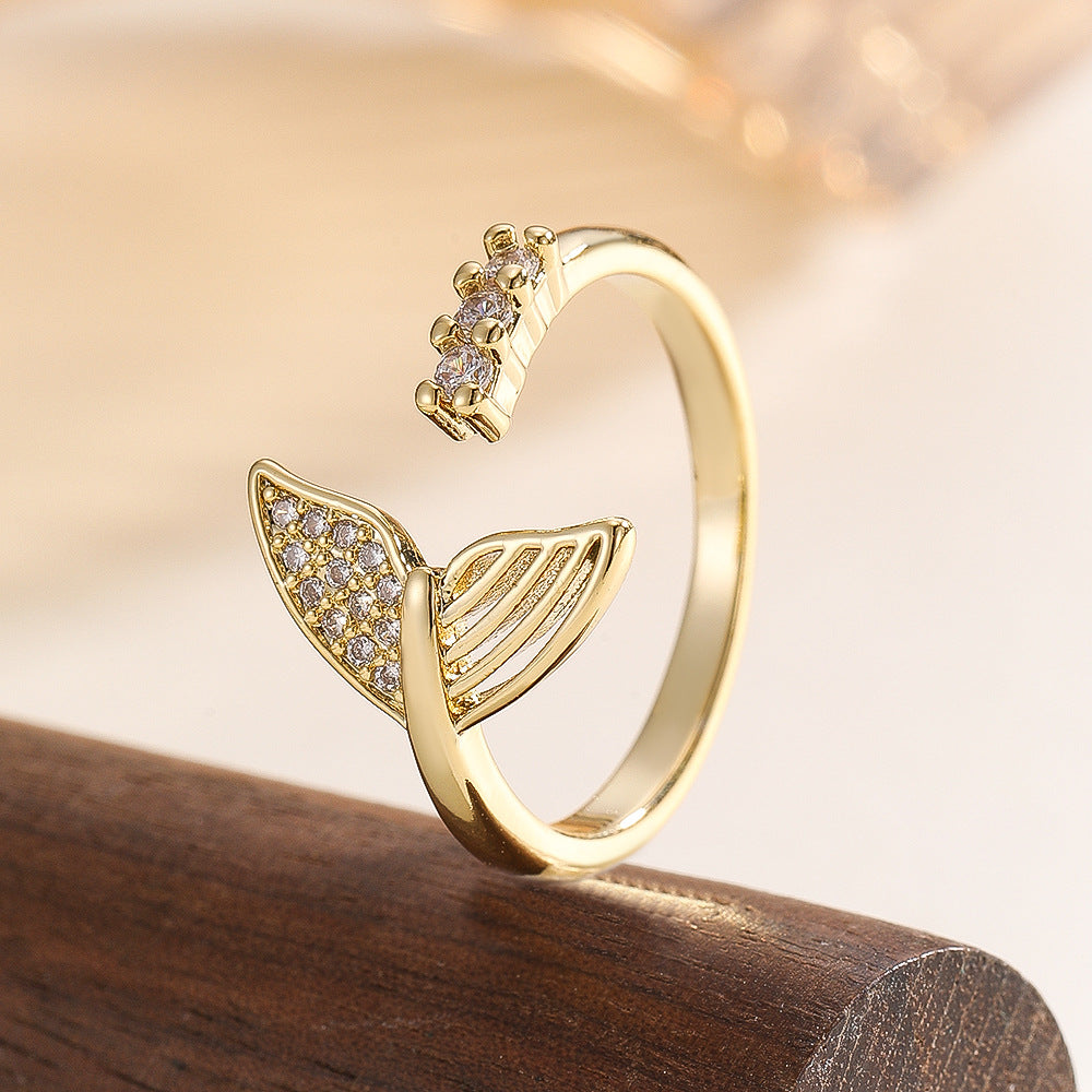 Wholesale Fashion Gold Copper Zircon Adjustable Fish Tail Hollow Ring For Women Minimalist Japanese Light Luxury Jewelry Accessory
