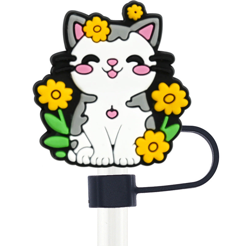 Wholesale Random 100pcs Cute Cat Series 10mm PVC Soft Straw Tube Cap  ACC-SCR-RYY110