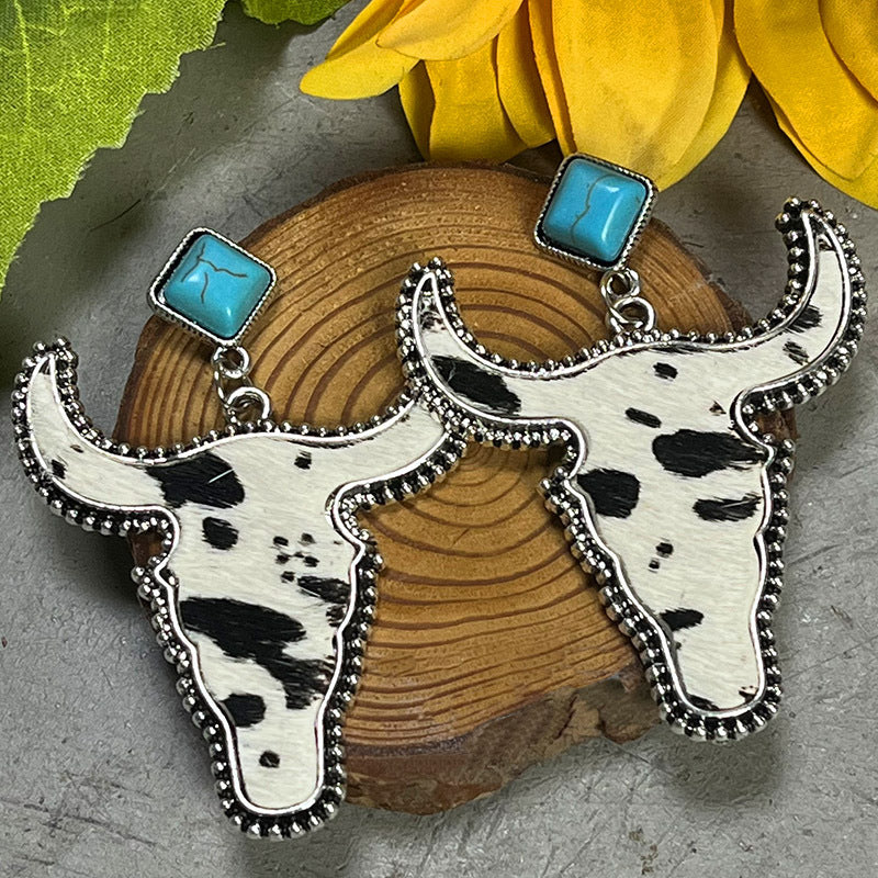 Wholesale 2PCS/ Pack Leather Western Style Horse Hair Turquoise Bull Head Earrings
