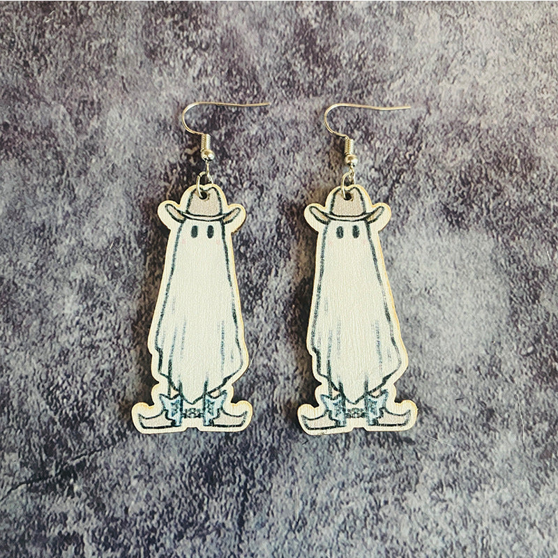 Wholesale Halloween Horror Evil Ghost Black Cat Pumpkin Wood Earrings ACC-ES-XinChuan043