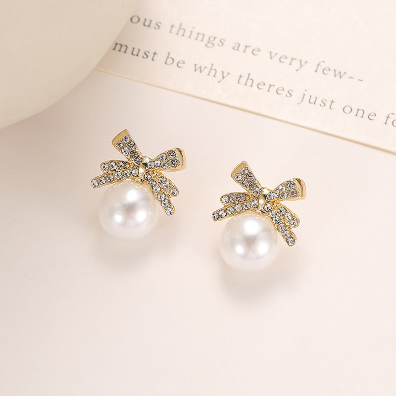 Wholesale Bow Pearl Full Diamond Earrings