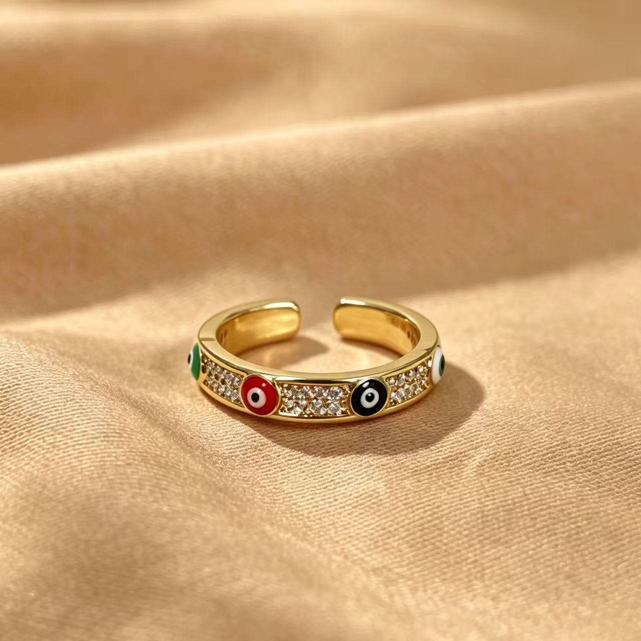 Wholesale 18K Gold Plated Brass Devil' s Eye Open Ring with Blue Zircon Jewelry Accessory