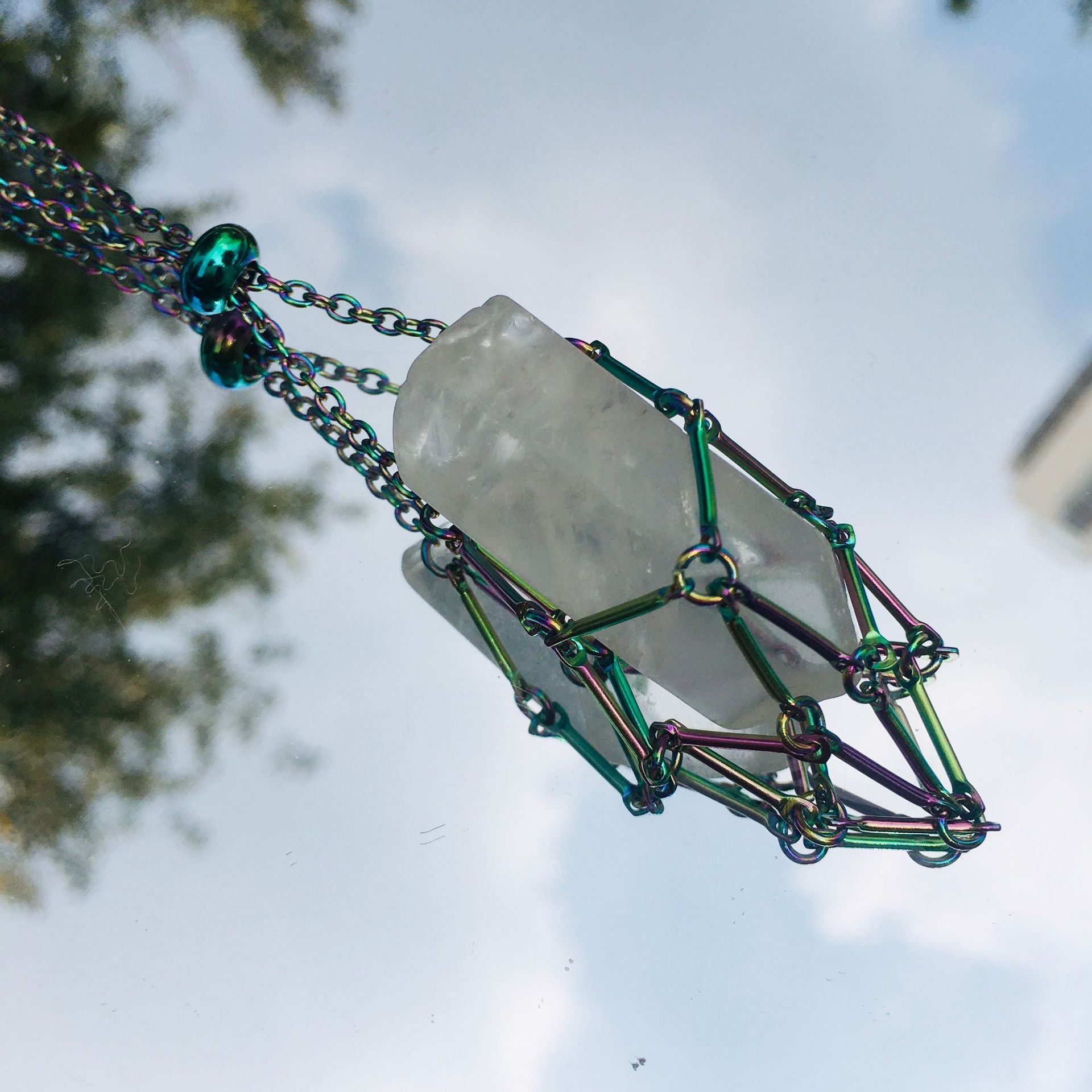 Wholesale Crystal Natural Stone Electroplated Color Bamboo Adjustable Metal Mesh Necklace ACC-NE-RongGuan002