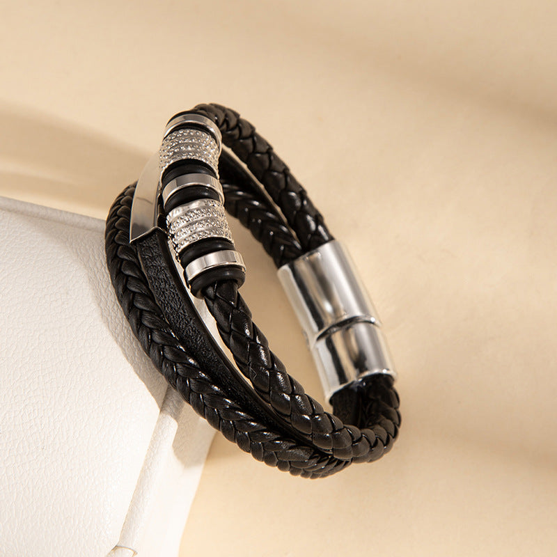 Wholesale Stylish Handwoven Leather Bracelet For Men With Magnetic Clasp Beaded Wristband Fashion Accessory Gift