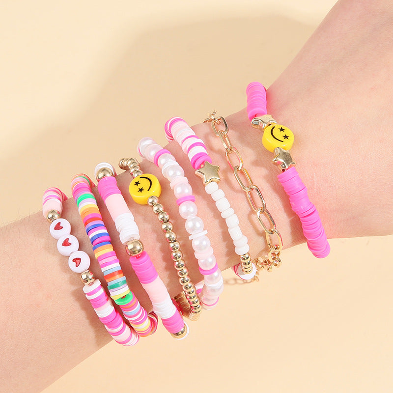 Wholesale  Multi-layer Thread Clay Love Heart  Face Bracelet Set