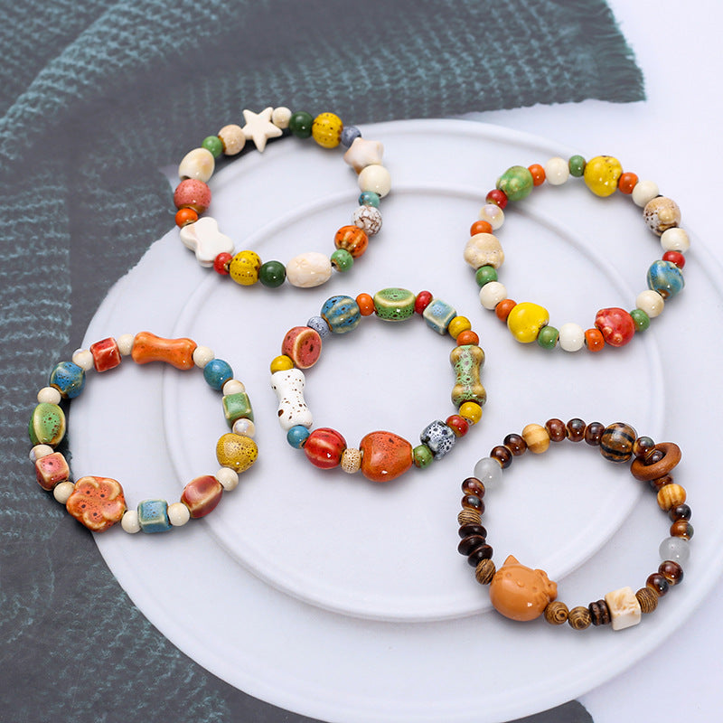 Wholesale Rainbow Cat Paw Ceramic Bead Bracelet,  Trendy Gift for Students,  Handmade Fashion Accessory