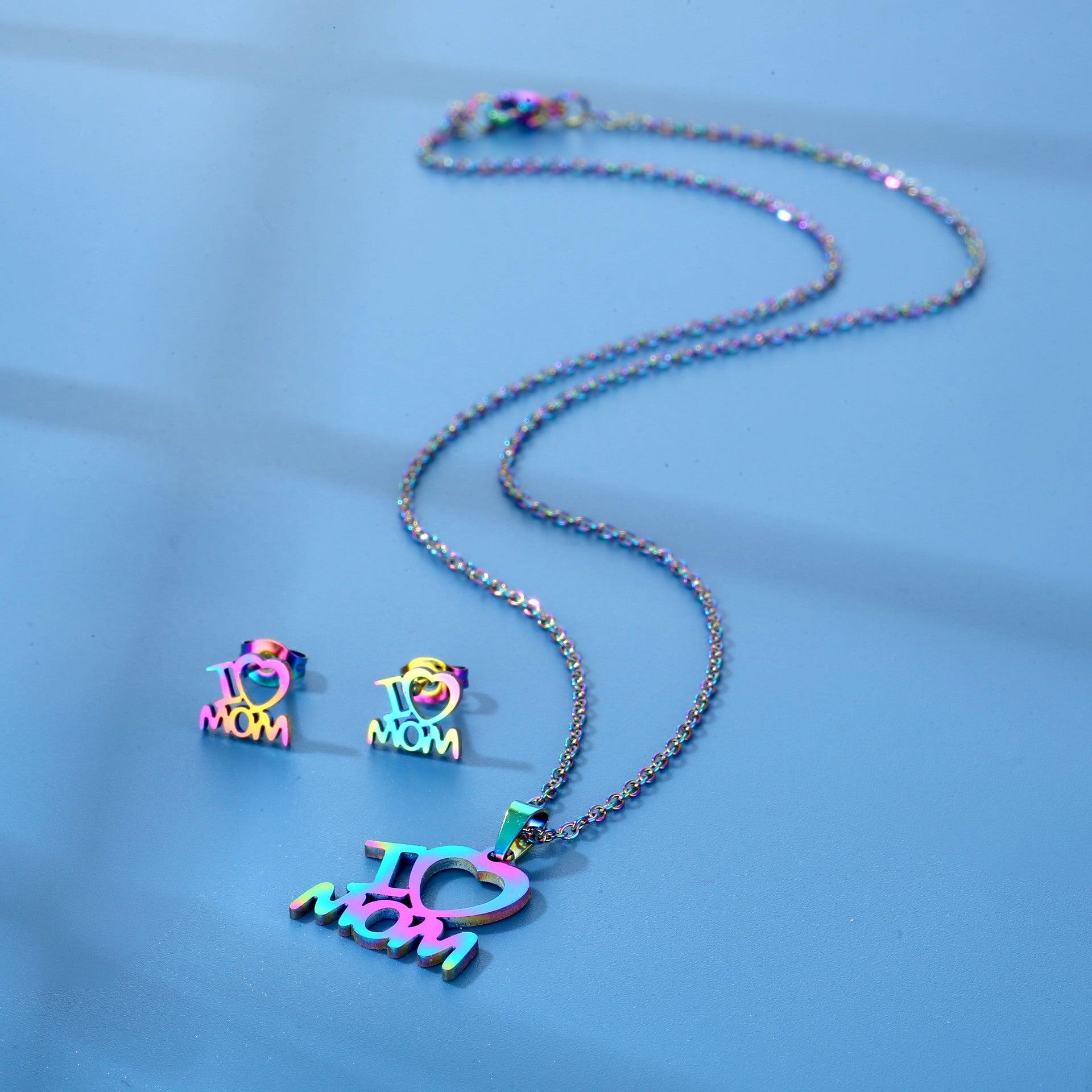 Wholesale Titanium Steel MOM Pendant Stainless Steel Earrings Necklace Set Mother's Day ACC-ES-MinM022