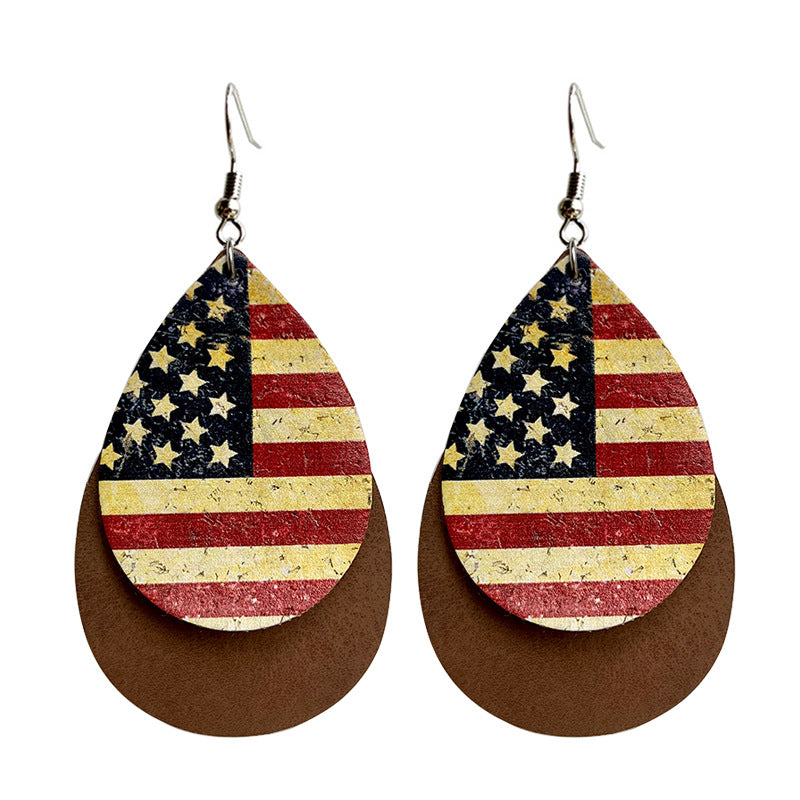 Wholesale 2 Pairs/pack American Flag Leopard Western Style Teardrop Leather Earrings ACC-ES-HY033