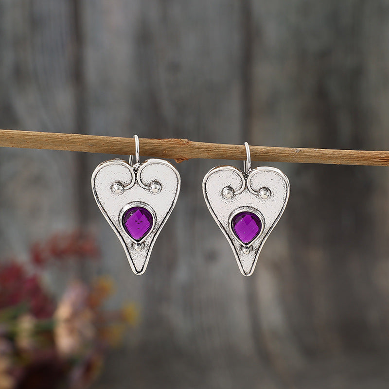 Wholesale Retro Bohemian Heart-Shaped Purple Gemstone Inlay Alloy Earrings for Everyday Wear