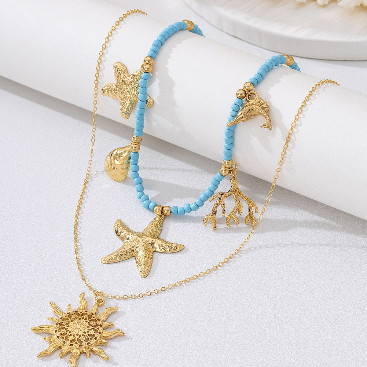 Wholesale Zinc Alloy Double Layer Ocean Necklace Blue Bead Sea Star Sun Pendant Trendy Summer Beach Jewelry For Women